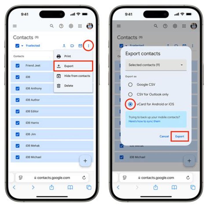 How do I transfer my iPhone Contacts to my iCloud email?